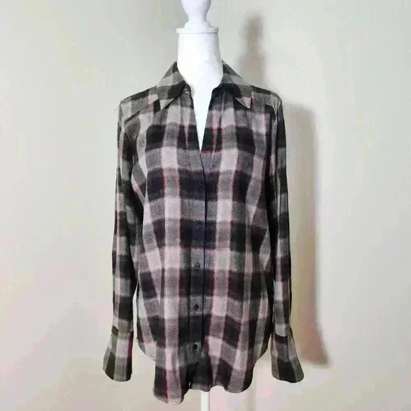 NWOT PAIGE Long Sleeve Button Down Shirt | Pink & Black Multi Flannel - Picture 1 of 9